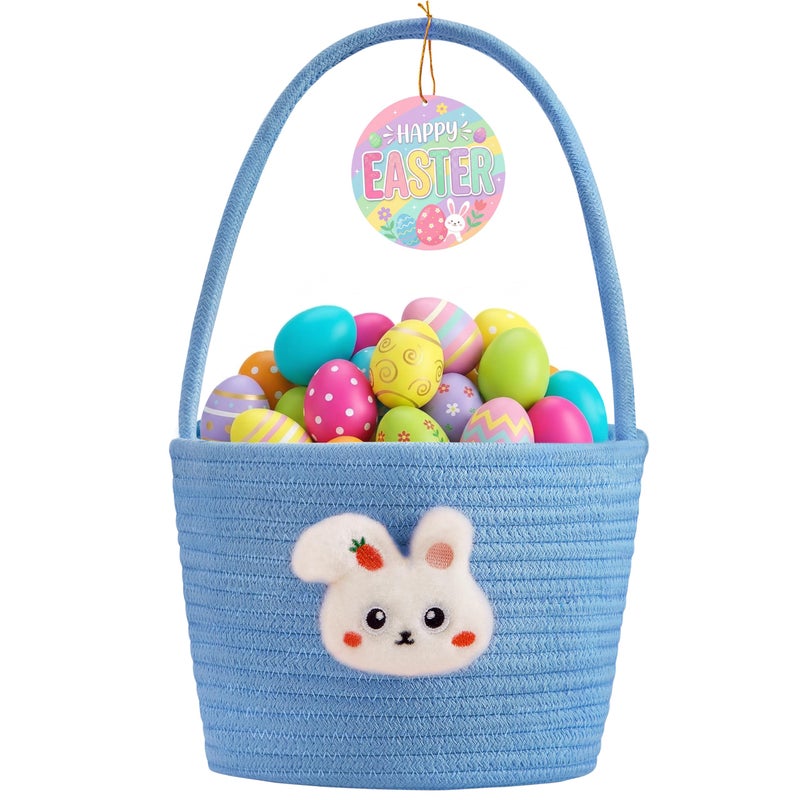 Yeeeasy Easter Basket for Kids, Adorable Plush Bunny Face Woven Egg Hunt Bucket with Handle, Soft First Easter Gift Tote Bag, Nursery Toy Storage Bin with Tag, Blue - Image 1