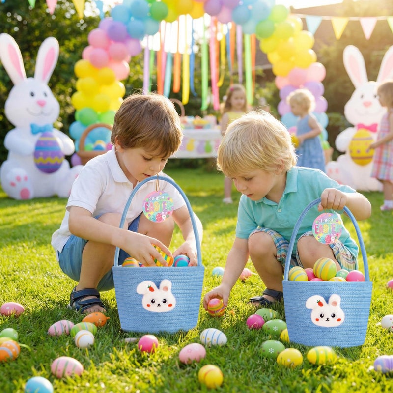 Yeeeasy Easter Basket for Kids, Adorable Plush Bunny Face Woven Egg Hunt Bucket with Handle, Soft First Easter Gift Tote Bag, Nursery Toy Storage Bin with Tag, Blue - Image 5
