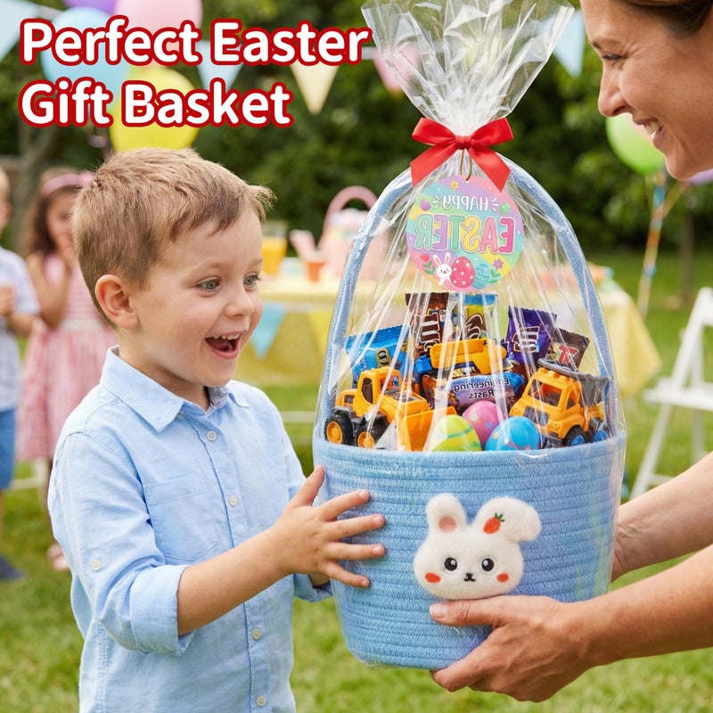 Yeeeasy Easter Basket for Kids, Adorable Plush Bunny Face Woven Egg Hunt Bucket with Handle, Soft First Easter Gift Tote Bag, Nursery Toy Storage Bin with Tag, Blue - Image 4