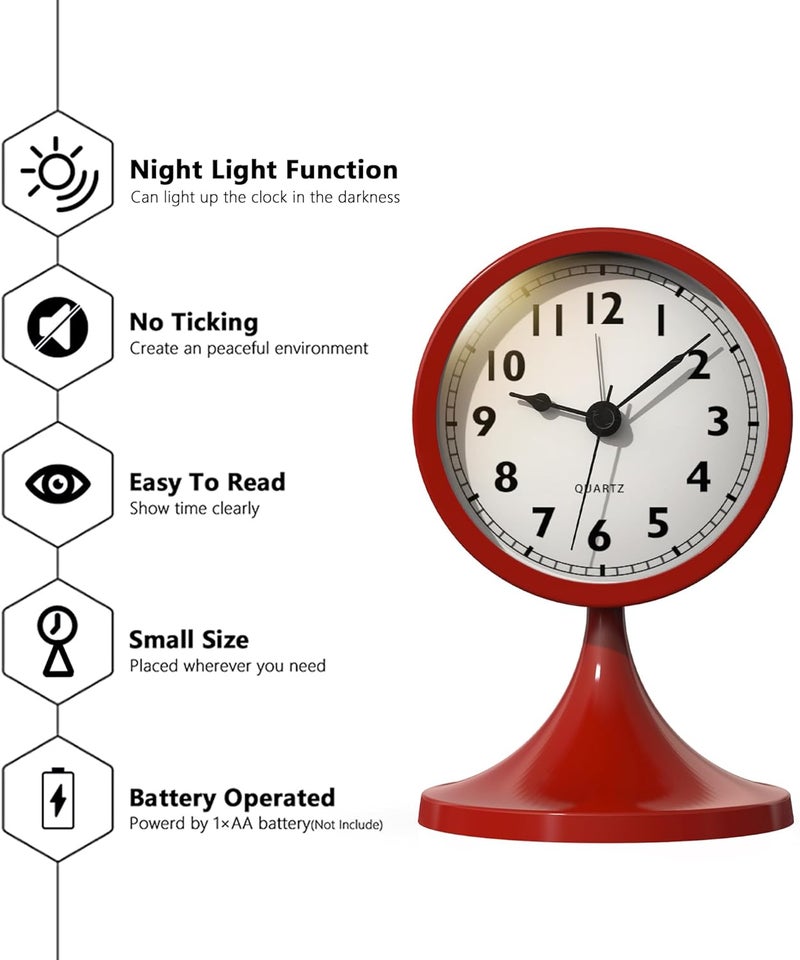 AYRELY ® 3" Cute Analog Alarm Clock,Small Retro Table Clock Battery Operated,Slient Metal Desk Clock with Light for Living Room Decor,Bedroom,Bedside,Shelf（Rose red） - Image 2