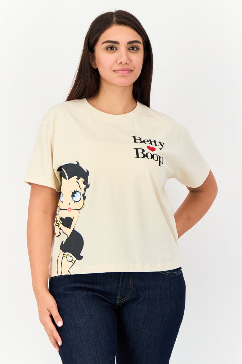 Fleischer Studios Women Crew Neck Short Sleeve Graphic Print T-Shirt, Beige - Image 1