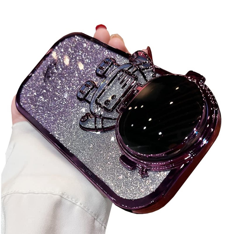 QoKcoahn Astronaut Hidden Stand Phone Case for iPhone 14Cute Astronaut Lens Camera Protector Kickstand Luxury Glitter Bling 6D Electroplated Clear Soft TPU Protector for Men Women Purple - Image 2
