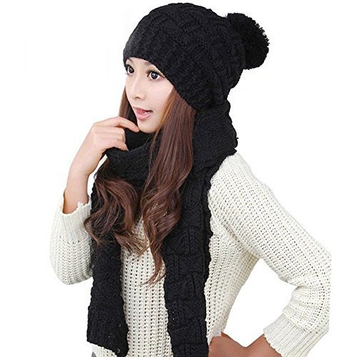 HANERDUN Women Girls Fashion Winter Warm Knitted Hat Beanie Hat Scarf Set Black - Image 1
