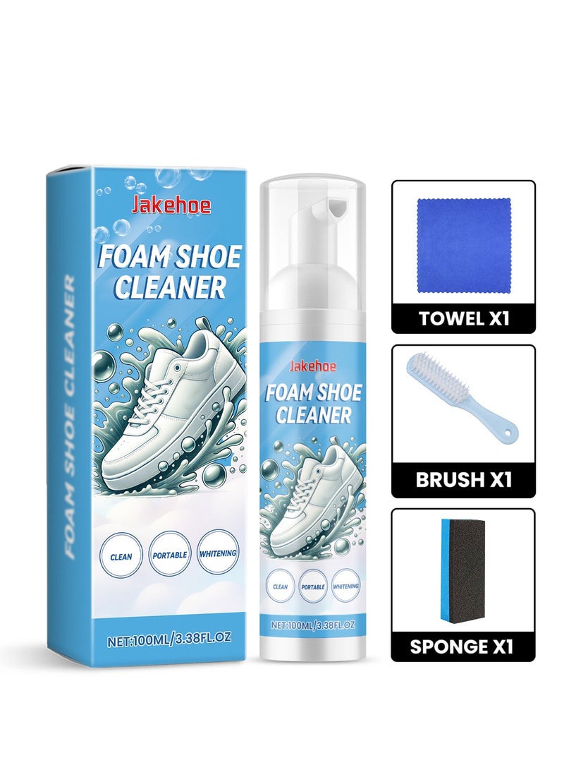 مجموعة تنظيف الأحذية البيضاء 100 مل مع فرشاة، إسفنجة ومنشفة. رغوة تنظيف الأحذية لمنظف الأحذية البيضاء. صيغة لطيفة للتنظيف الفعال. مجموعة تنظيف الأحذية مع أدوات ثلاثية. نظيف الأحذية البيضاء لجميع أنواع الأحذية - Image 1