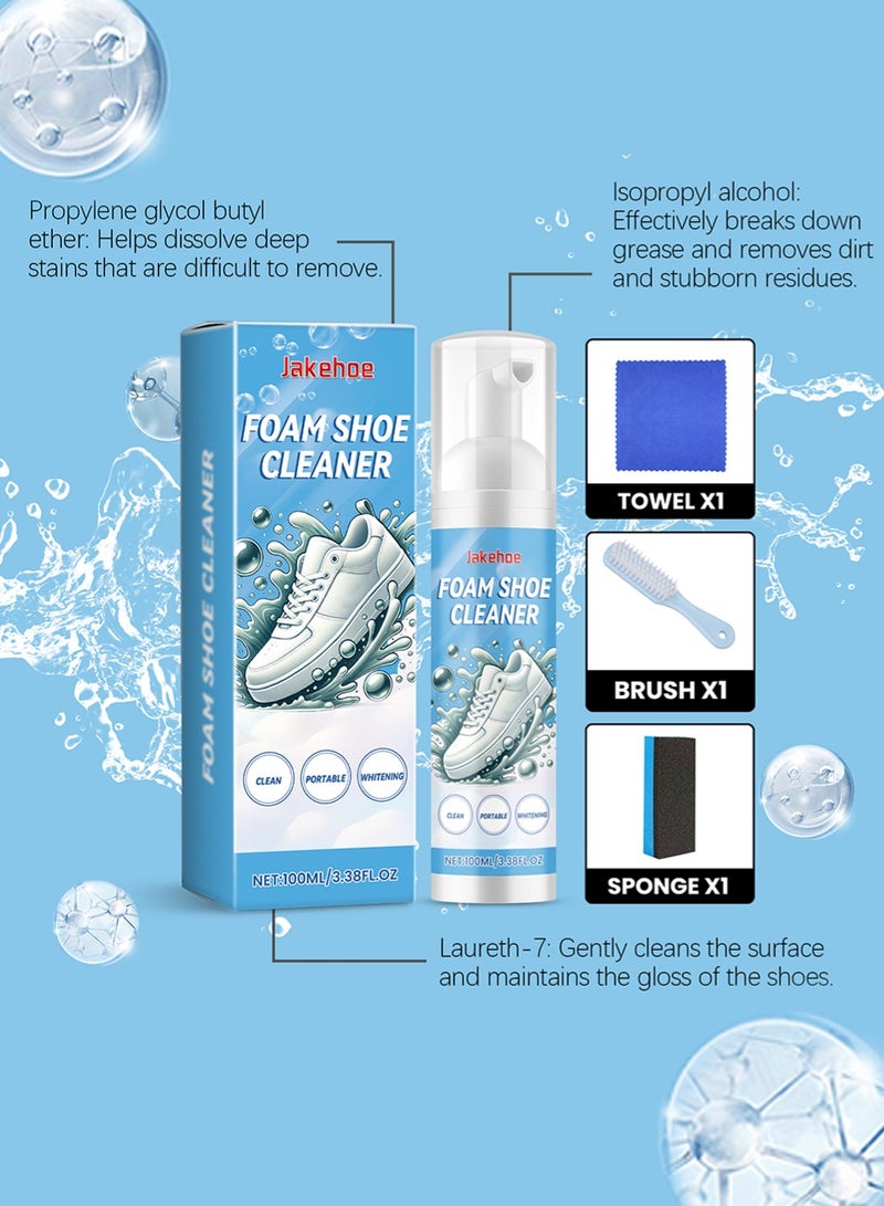 Foam Shoe Cleaner Kit for Sneakers | Water-Free Sneaker Cleaner with Brush, Towel & Sponge | Deep Stain Remover for White Shoes, Canvas, Leather | Portable, Quick-Dry, Residue-Free Shoe Cleaning Set 100ml - Image 4