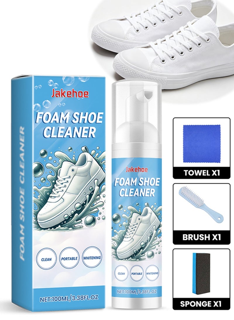 Foam Shoe Cleaner Kit for Sneakers | Water-Free Sneaker Cleaner with Brush, Towel & Sponge | Deep Stain Remover for White Shoes, Canvas, Leather | Portable, Quick-Dry, Residue-Free Shoe Cleaning Set 100ml - Image 1