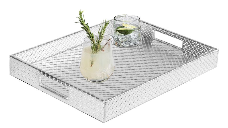 HofferRuffer Rectangle Serving Tray with Hole Handles for Coffee Table Breakfast Tea Food Butler  Countertop Kitchen Vanity Serve Tray 162 x 122 x 2 inches Faux Leather Silver