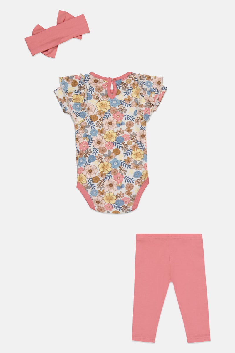 Dream Gro Toddlers Girl 3 Pieces Bodysuit And Leggings Set With Headband, Multicolor - Image 3