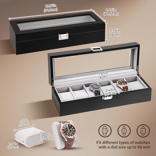 ProCase Wooden Watch Box for Men 6 Slot Watch Display Case Mens Watch Box Organizer Wood Watch Case for Men Watch Storage Fathers Day Gift Watch Holder Organizer with Glass Lid MatteBlack - Image 3