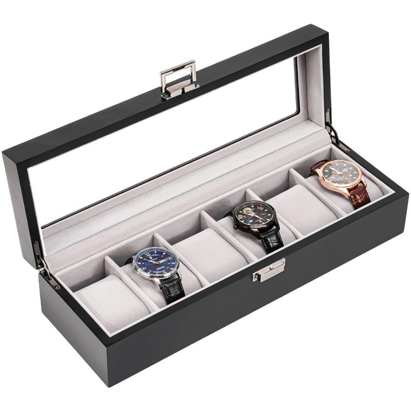 ProCase Wooden Watch Box for Men 6 Slot Watch Display Case Mens Watch Box Organizer Wood Watch Case for Men Watch Storage Fathers Day Gift Watch Holder Organizer with Glass Lid MatteBlack - Image 2