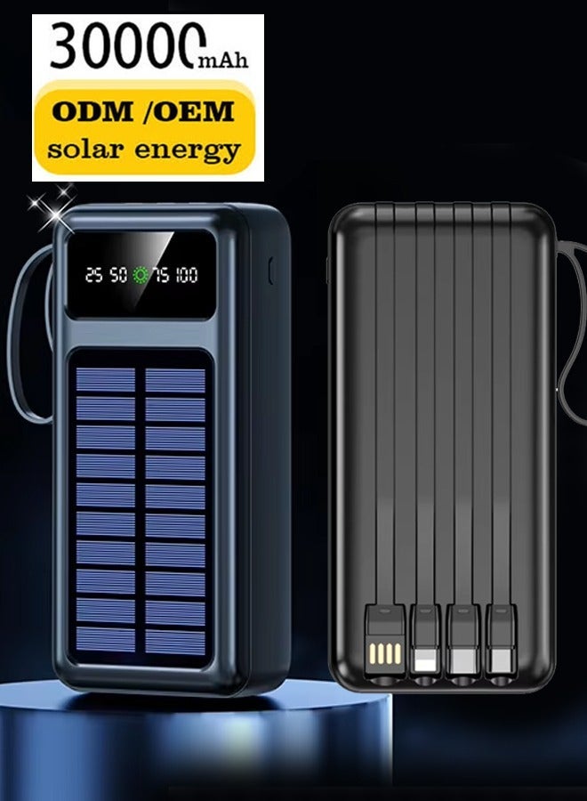 30000mAh Solar Power Bank with Fast Charging – High-Capacity External Battery Pack for Phones and Tablets | Portable Black Power Bank with Built-In Cable