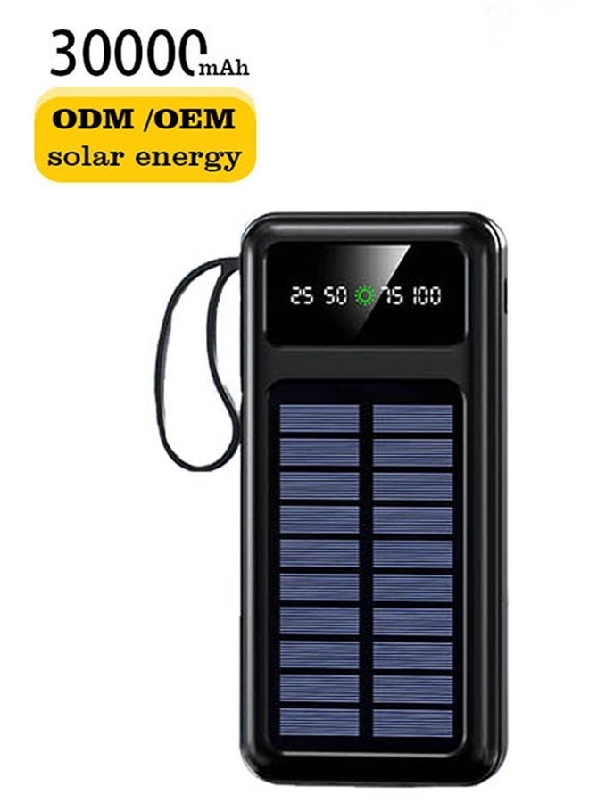 30000mAh Solar Power Bank with Fast Charging – High-Capacity External Battery Pack for Phones and Tablets | Portable Black Power Bank with Built-In Cable - Image 2