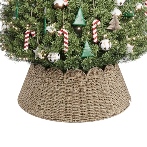 ELYKEN Rattan Christmas Tree Collar 28 Inch Wicker Xmas Tree Collar with Scalloped Edge for Artificial Trees Rustic Tree Ring Woven Tree Skirt Handcrafted Farmhouse Christmas Tree Decor