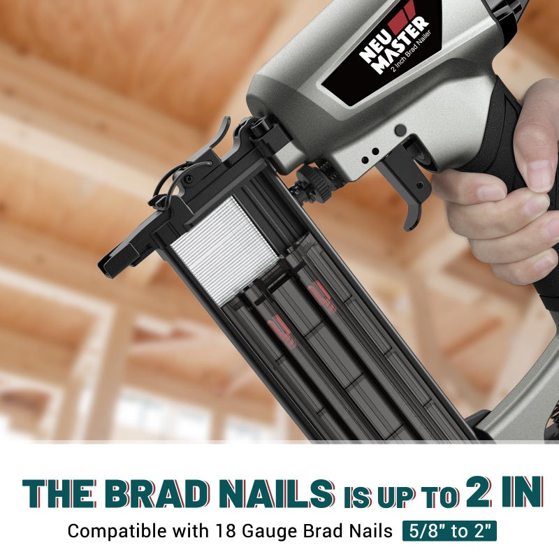 NEU MASTER Pneumatic Brad Nailer, 18 Gauge Nail Gun Fires 5/8-Inch to 2-Inch Brad Nails with Carrying Case, Safety Glasses, 800pcs Nails(Used with Air Compressor) - Image 4