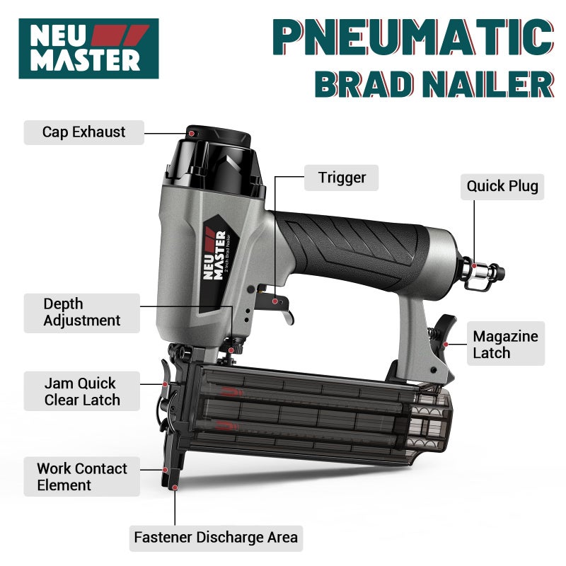 NEU MASTER Pneumatic Brad Nailer, 18 Gauge Nail Gun Fires 5/8-Inch to 2-Inch Brad Nails with Carrying Case, Safety Glasses, 800pcs Nails(Used with Air Compressor) - Image 5