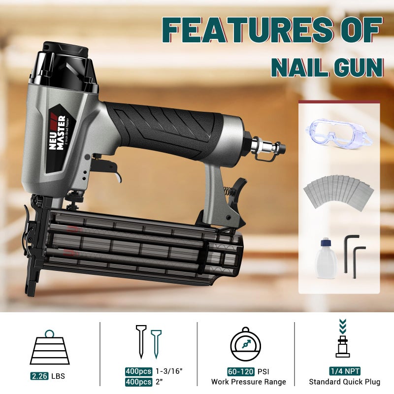 NEU MASTER Pneumatic Brad Nailer, 18 Gauge Nail Gun Fires 5/8-Inch to 2-Inch Brad Nails with Carrying Case, Safety Glasses, 800pcs Nails(Used with Air Compressor) - Image 2
