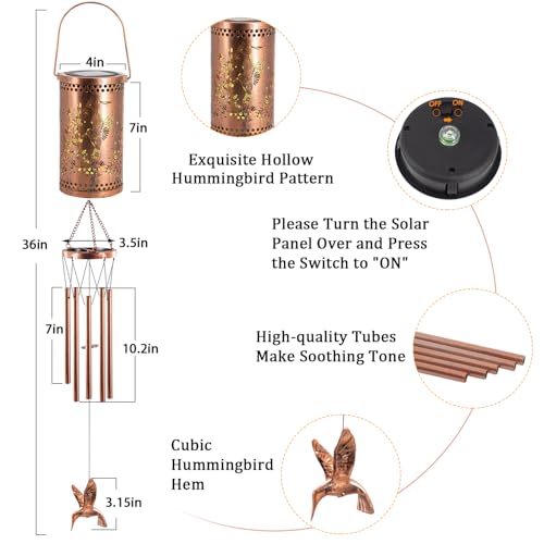 Howarmer Solar Wind Chimes for Outside, 36" Hummingbird Hanging Solar Lantern for Mom, Christmas Windchimes Outdoors Gifts,Garden Decor led Lights Wind Chime for Patio Yard, for Women Grandma - Image 4