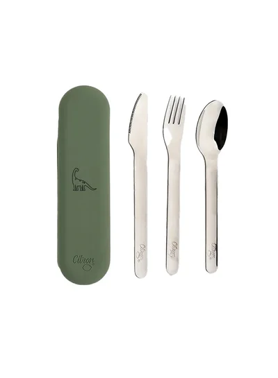 Citron 3 Pieces Stainless Steel Cutlery Set Silverware Fork, Spoon And Knife, Reusable Travel Utensils And Flatware Set For Kids - Dino - Green