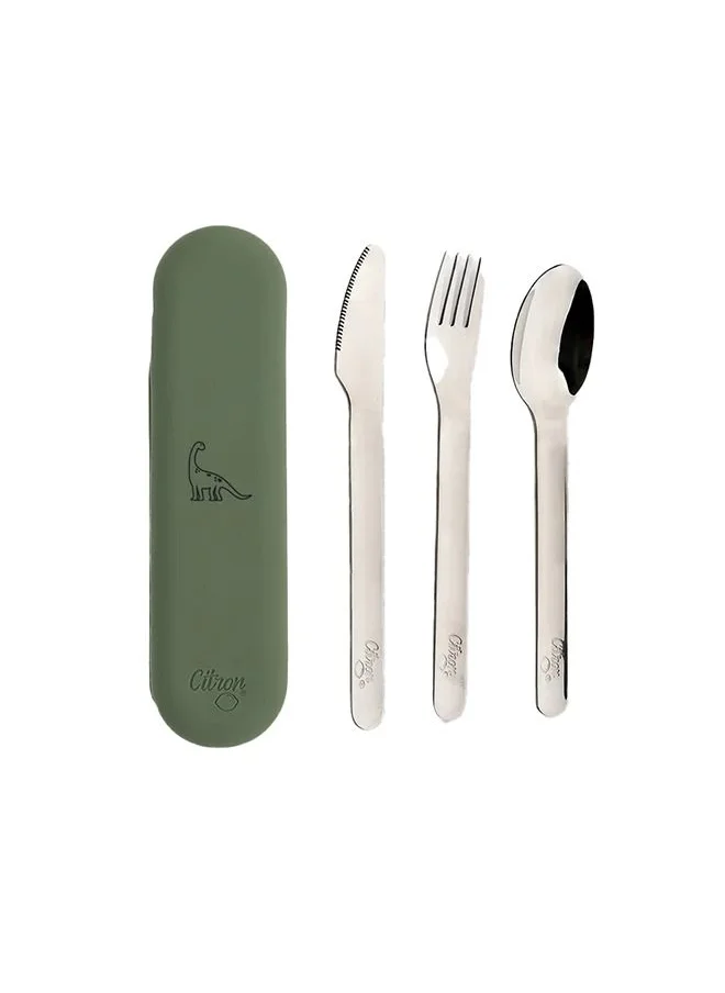 سترون 3 Pieces Stainless Steel Cutlery Set Silverware Fork, Spoon And Knife, Reusable Travel Utensils And Flatware Set For Kids - Dino - Green