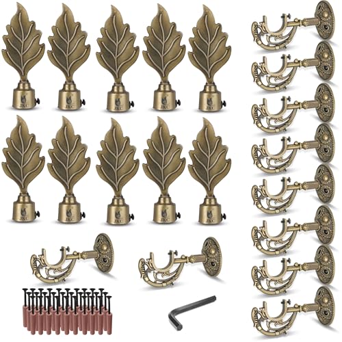 JKC Antique Look Zinc Alloy Leaf Curtain Brackets and Holders - Curtain Bracket Set with Curtain Knobs and Rod End Cap, Ideal Curtain Knob Solution - Bracket 10 Holder 10 - Image 1