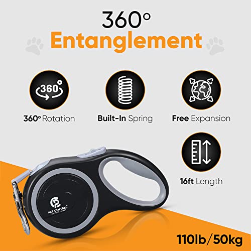 Pet Central Retractable Dog Leash - 16 Feet Quick-Lock Nylon Tape Dog Chain - 360° Tangle-Free, Anti-Slip Cat & Dog Rope - Small, Medium, Large (Up to 110Lbs/50Kg), Black, 5M - Image 4