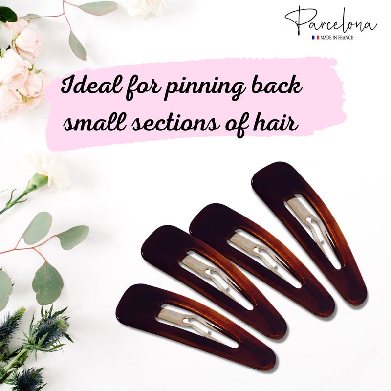 Parcelona French Mini Set of 4 Small Celluloid Acetate Snap Hair Clips No Slip Fashion Durable Styling Women Hair Accessories Girls Snap Hair Barrette, Made in France (Tortoise Shell Brown) - Image 4