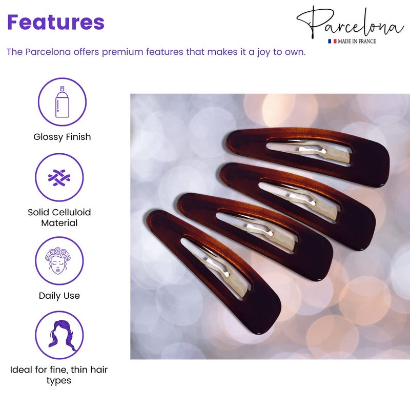 Parcelona French Mini Set of 4 Small Celluloid Acetate Snap Hair Clips No Slip Fashion Durable Styling Women Hair Accessories Girls Snap Hair Barrette, Made in France (Tortoise Shell Brown) - Image 3