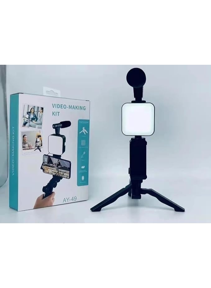 مثبت موبايل لتصوير الفيديو، حامل ثلاثي القوائم لموبايل آيفون واندرويد نوع سي، مصباح حلقي لبد صغير + ميكروفون + مشبك موبايل للبث المباشر ومكالمات الفيديو ومدونات الفيديو ويوتيوب وانستجرام - Image 2