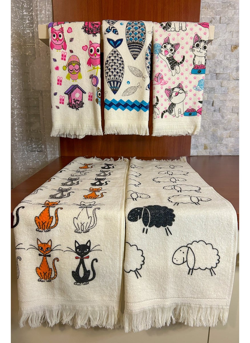 Cnr Garden 5 Piece Fringed Cotton 40x60 cm Cotton Printed Towel Set Hand Face Kitchen Towel Soft Patterned Water Absorbent Set  - Image 1