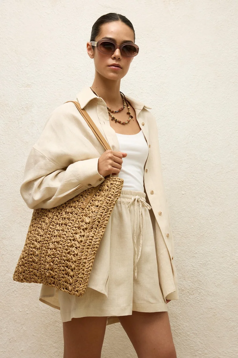 Manuka Patterned Straw Shoulder Bag Natural