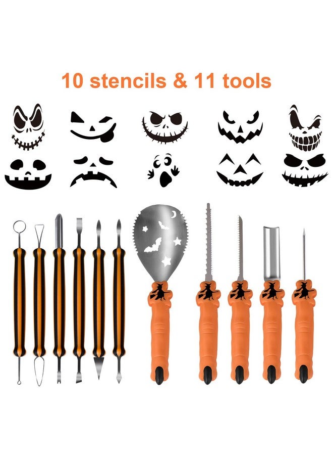 ENVEL Halloween Pumpkin Carving Kit with 10 Stencils, ENVEL 11 Pcs Professional Stainless-Steel Pumpkin Pottery Sculpture Modeling Tools Set Heavy-Duty Steel Cutting Easily for Art Crafts, Adults - Image 1