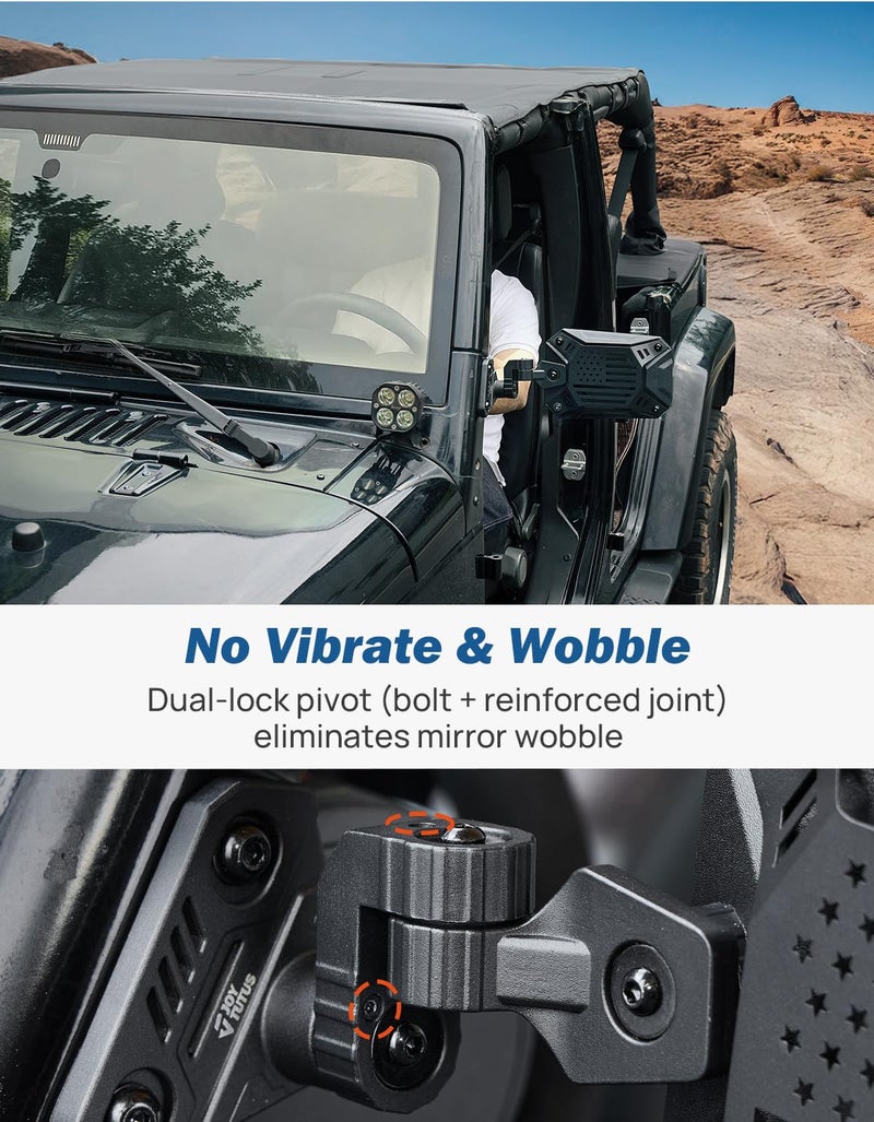 JOYTUTUS مرايا JOYTUTUS Wrangler متوافقة مع Wrangler TJ JK و Unlimited، مرايا جانبية لـ Wrangler 1997-2018، رؤية أوسع بدون اهتزاز أو اهتزاز (محمي ببراءة اختراع)، لا تناسب الأبواب - Image 3