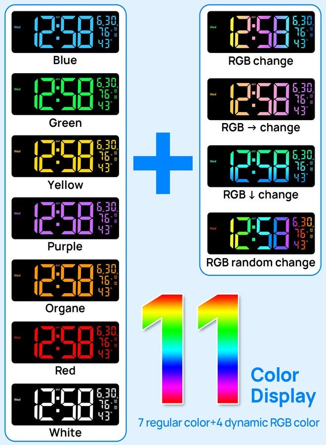 MASHI 17.3" Large Digital Wall Mount Clock, Digital Clock with Remote Control, Alarm, Big LED, RGB Color, DST, Temperature for Living Room Classroom Desk, Bedroom, Decor, Gift for Elderly (RGB) - Image 3