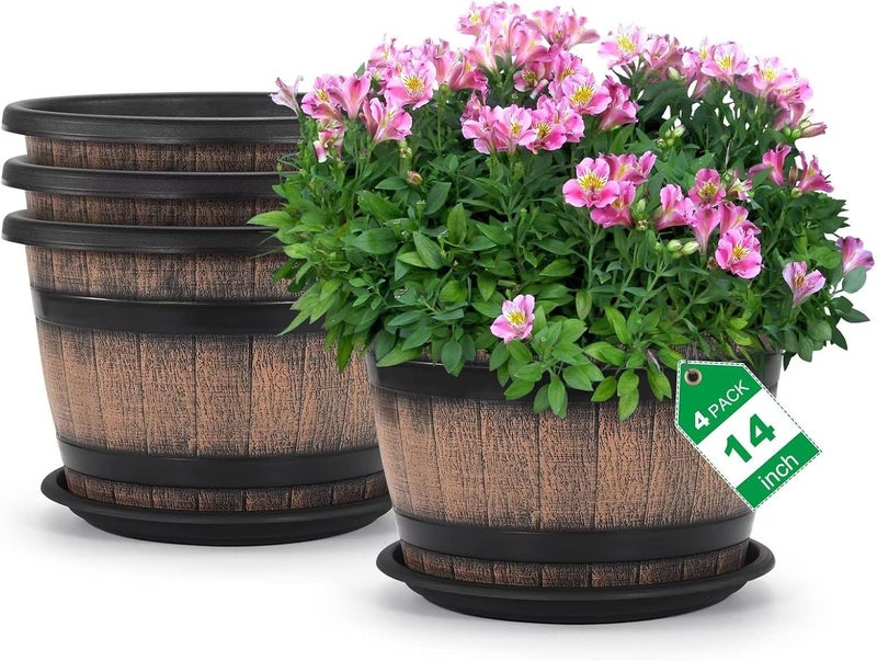 Quarut Large Plastic 4 Pack14 inch Plant Pots,Whiskey Barrel Planters with Drainage Holes & Saucer.Flower Pots Imitation Wine Barrel Design for Indoor & Outdoor Garden Balcony Plants.5 Gallons(Brown) - Image 1