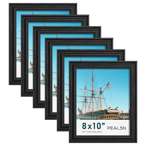 PEALSN 8x10 Picture Frame Set of 6 Display Pictures 5 x 7 with Mat or 8 x 10 without Mat Wall Gallery Photo Frames for Wall Mounting or Tabletop Display Black Woodgrain - Image 1