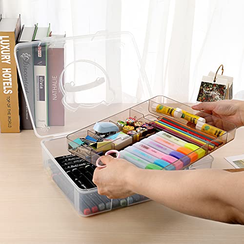 BTSKY 2-Tier Cute Bear Storage Box with Removable Divided Tray Portable Clear Plastic Art Craft Supply Organizer Stackable Home Office Supplies Storage Container for Pens Notes A4 papers etc (Coffee) - Image 2
