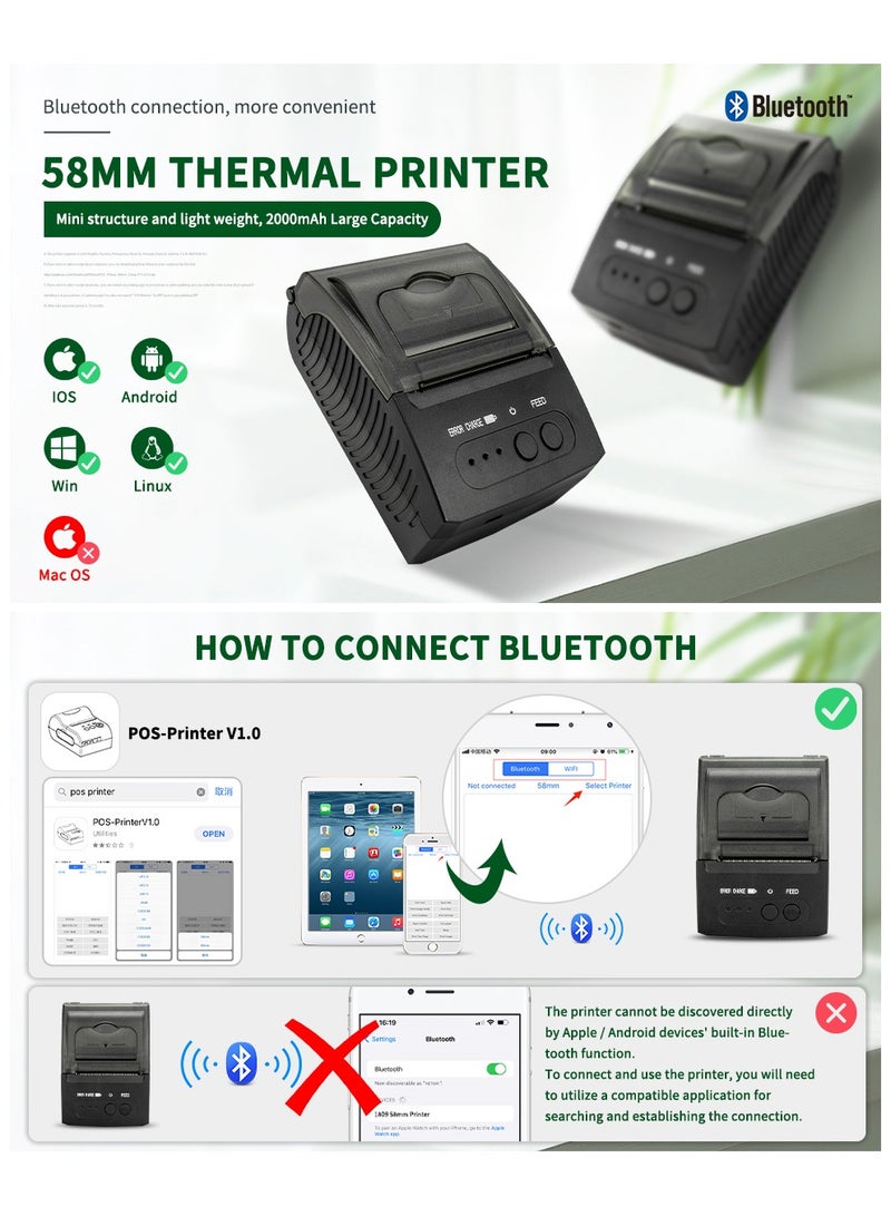 Bluetooth Receipt Printer, Portable 58mm Mini Thermal Pos Printer, Compatible with Android/IOS/Windows/Linux
