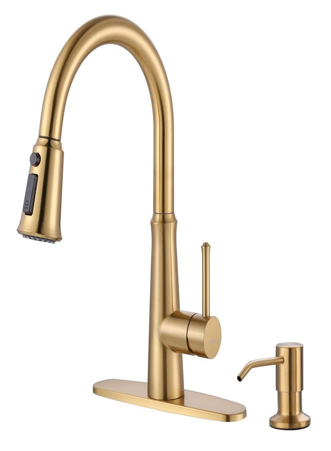WOWOW Gold Single Handle High Arc Stainless Steel Faucet with Pull Down Sprayer for Sink 2 or 4 Hole, Pull Out Kitchen Faucet with Deck Plate & 3 Functions - Image 1