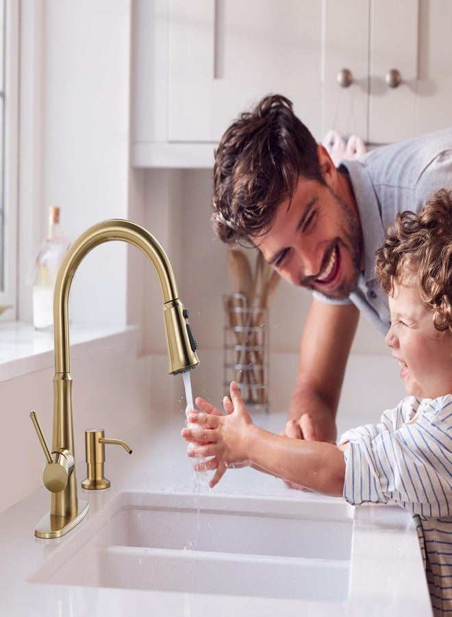 WOWOW Gold Single Handle High Arc Stainless Steel Faucet with Pull Down Sprayer for Sink 2 or 4 Hole, Pull Out Kitchen Faucet with Deck Plate & 3 Functions - Image 2