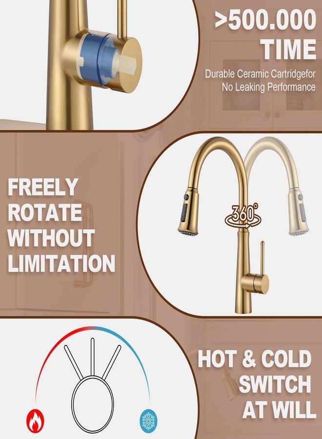 WOWOW Gold Single Handle High Arc Stainless Steel Faucet with Pull Down Sprayer for Sink 2 or 4 Hole, Pull Out Kitchen Faucet with Deck Plate & 3 Functions - Image 5