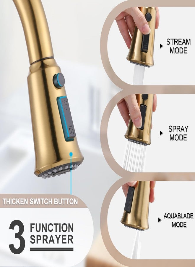 WOWOW Gold Single Handle High Arc Stainless Steel Faucet with Pull Down Sprayer for Sink 2 or 4 Hole, Pull Out Kitchen Faucet with Deck Plate & 3 Functions - Image 4