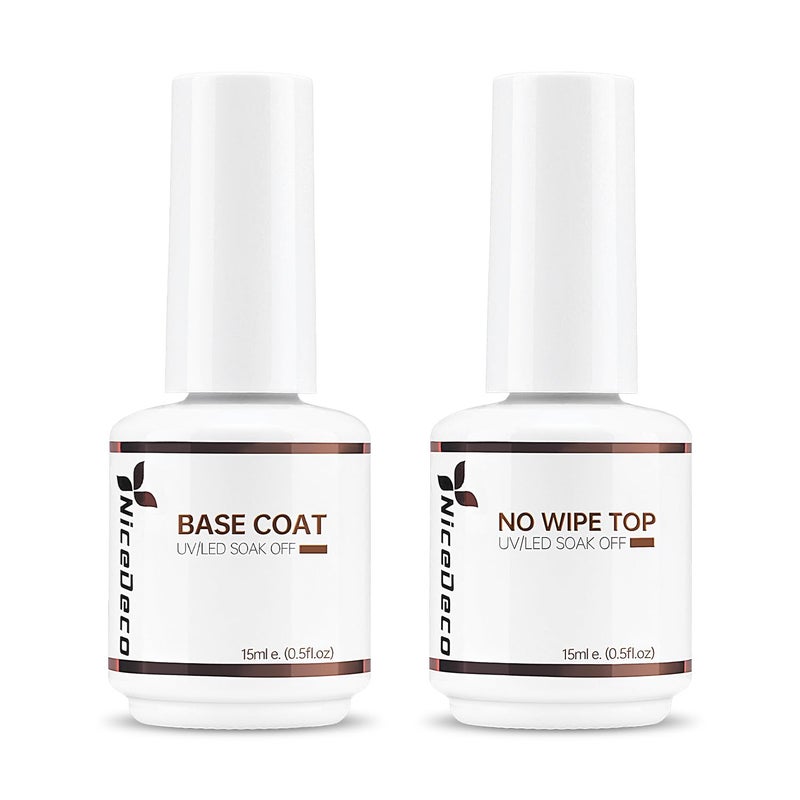 Nicedeco Hema Free No Wipe Gel Top Coat and Base Coat Set 2 Pcs 15ml Low Odor Cruelty Free Vegan Gel Nail Polish Glossy Shine Long Lasting Gel Base Top Coat - Image 2