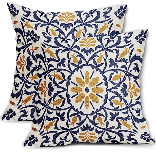 Navy Blue Yellow Boho Pillow Covers 18 X 18 Inch Bohemian Ethnic Carpet Style Vintage Flower Print Decorative Throw Pillows Outdoor Linen Cushion Case Farmhouse Decor for Home Sofa Bed Set of 2