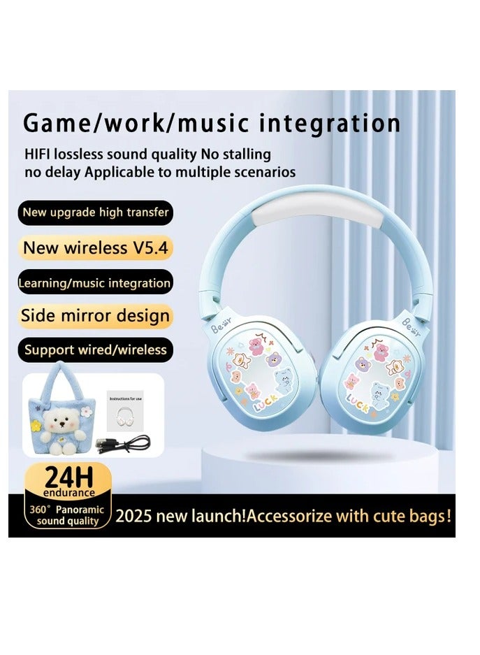 Bear Wireless Bluetooth Headphones High-Fidelity Sound Wireless Bluetooth Headset with Cute Bags High-Quality Memory Card Blue - Image 2