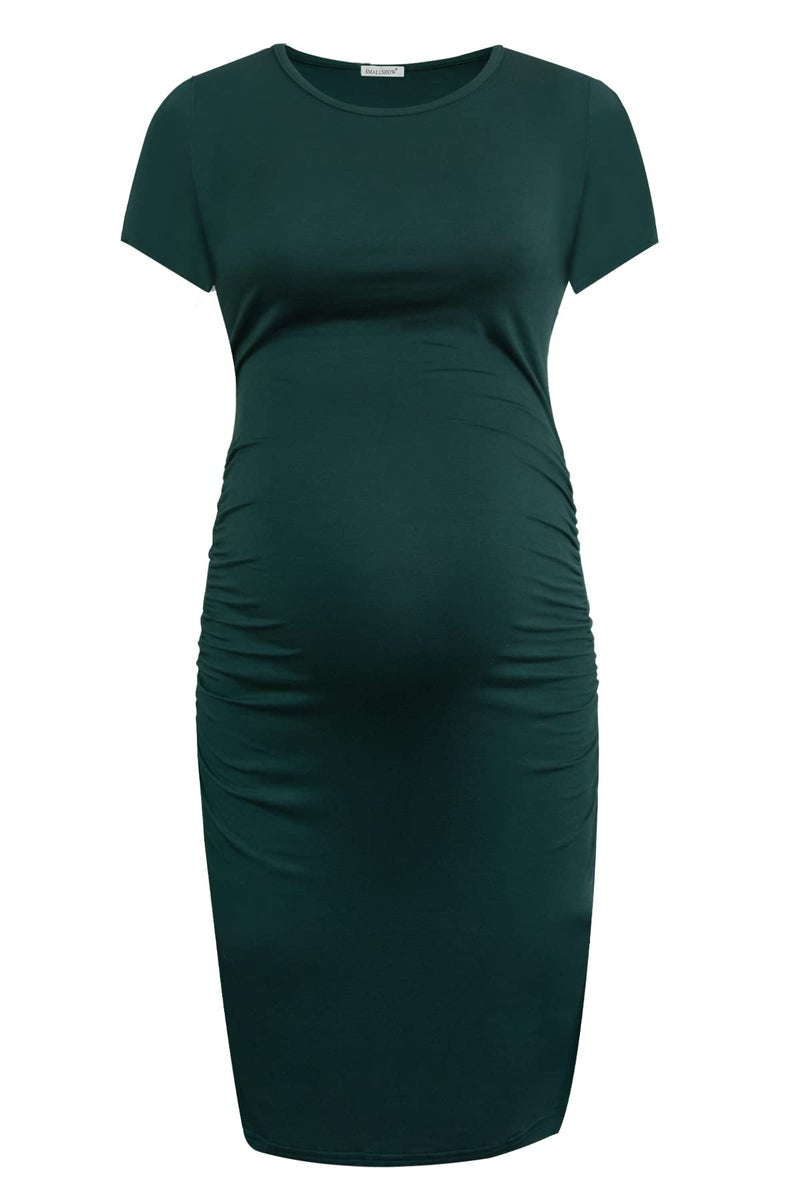 Smallshow Women's Short Sleeve Maternity Dress Ruched Pregnancy Clothes Medium Deep Green - Image 2
