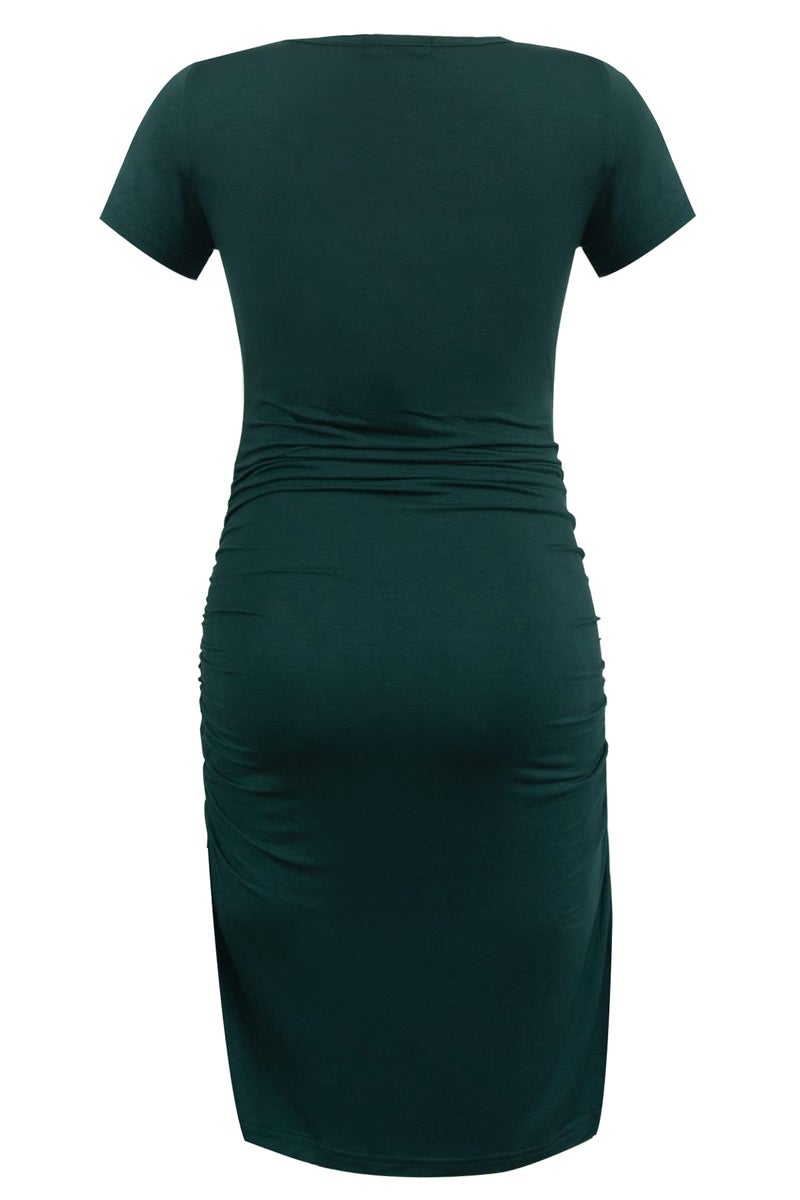 Smallshow Women's Short Sleeve Maternity Dress Ruched Pregnancy Clothes Medium Deep Green - Image 3