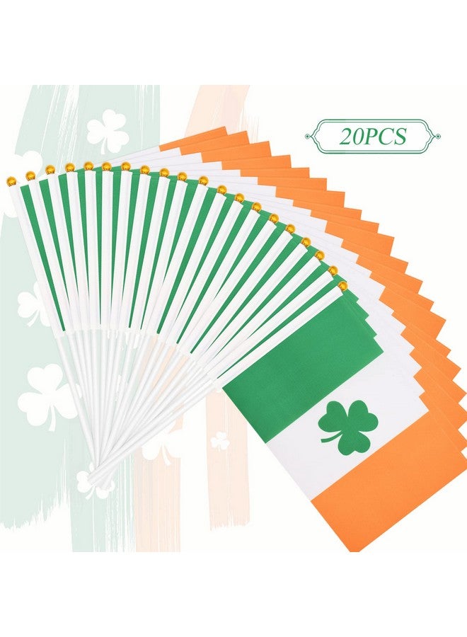 Paezm 20 Pack Small Ireland Irish Shamrock Flag Stick 5'' X 8'' - Mini Handheld Lucky Green Clover Flags For St Patrick'S Day Parade Celebration  - Image 2