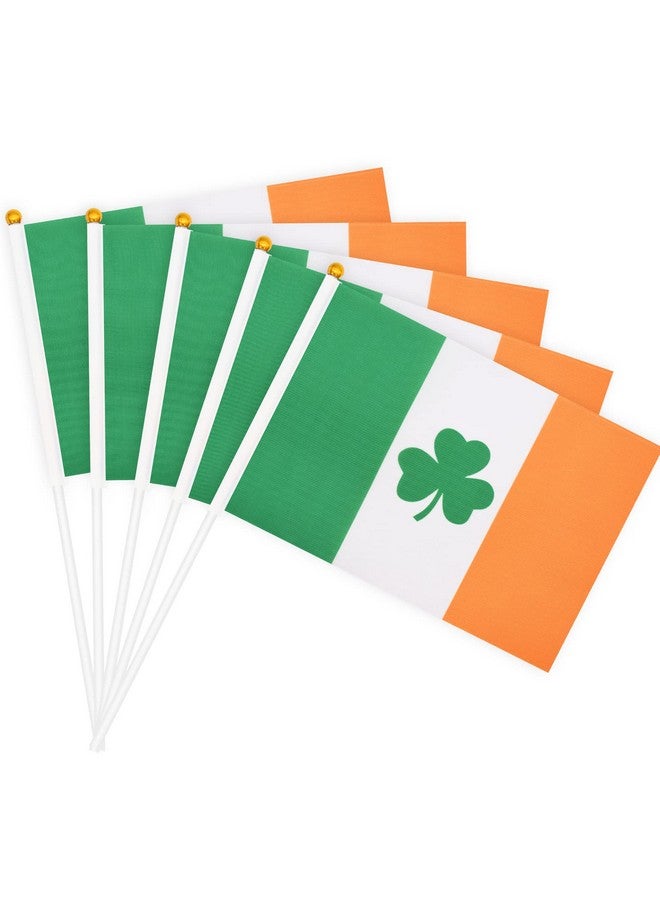 Paezm 20 Pack Small Ireland Irish Shamrock Flag Stick 5'' X 8'' - Mini Handheld Lucky Green Clover Flags For St Patrick'S Day Parade Celebration  - Image 1