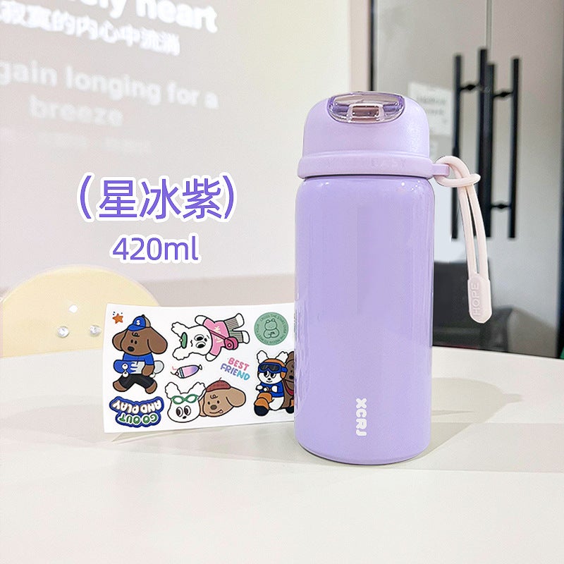 Simple school thermos cup student special portable straw cup cartoon cute small stainless steel cup wholesale X-212W purple
