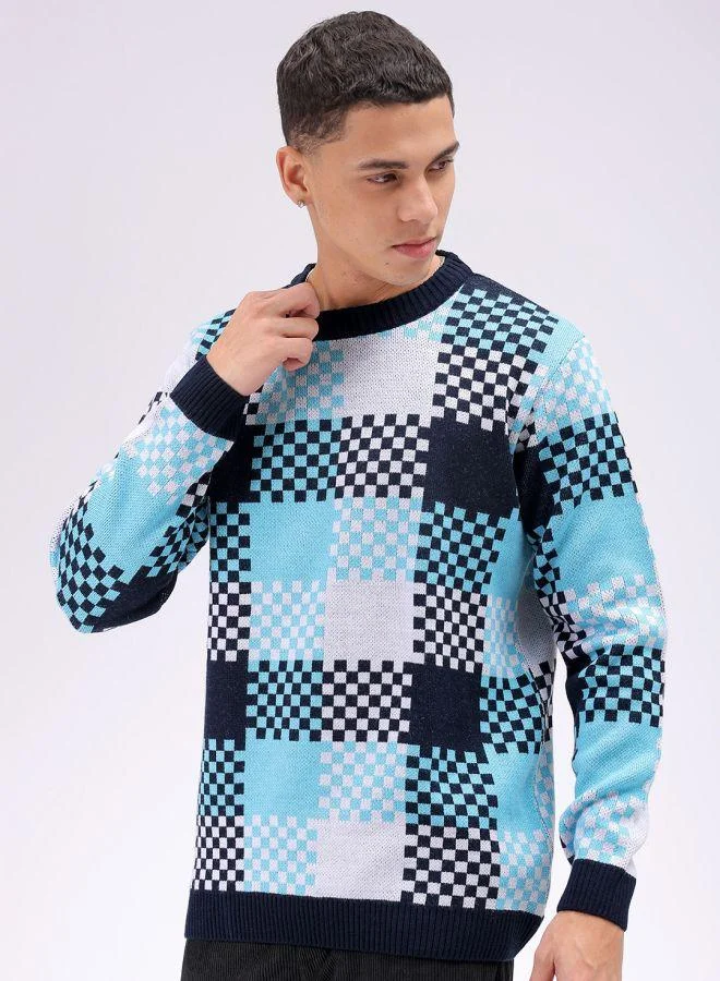 The Indian Garage Co Men Relaxed Fit Checkered Crew Neck Sweater